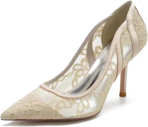 Sangeuhhlk Women's Slip On Pointed Toe High Heel Cut-Out Sheer Mesh Stiletto Heel Sparkle Work Date Party Wedding Evening Shoes
