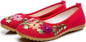 SATUKI Handmade Embroidered Shoes for Women, Slip-On Casual Loafer Flat Floral Slippers