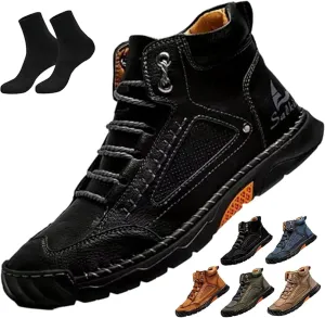 Sawbehind Mens Boots,Sawbehind Leather Shoes, Men's Comfortable Handmade Leather Boots – Waterproof, Outdoor Arch Support Orthopedics Ankle Shoes