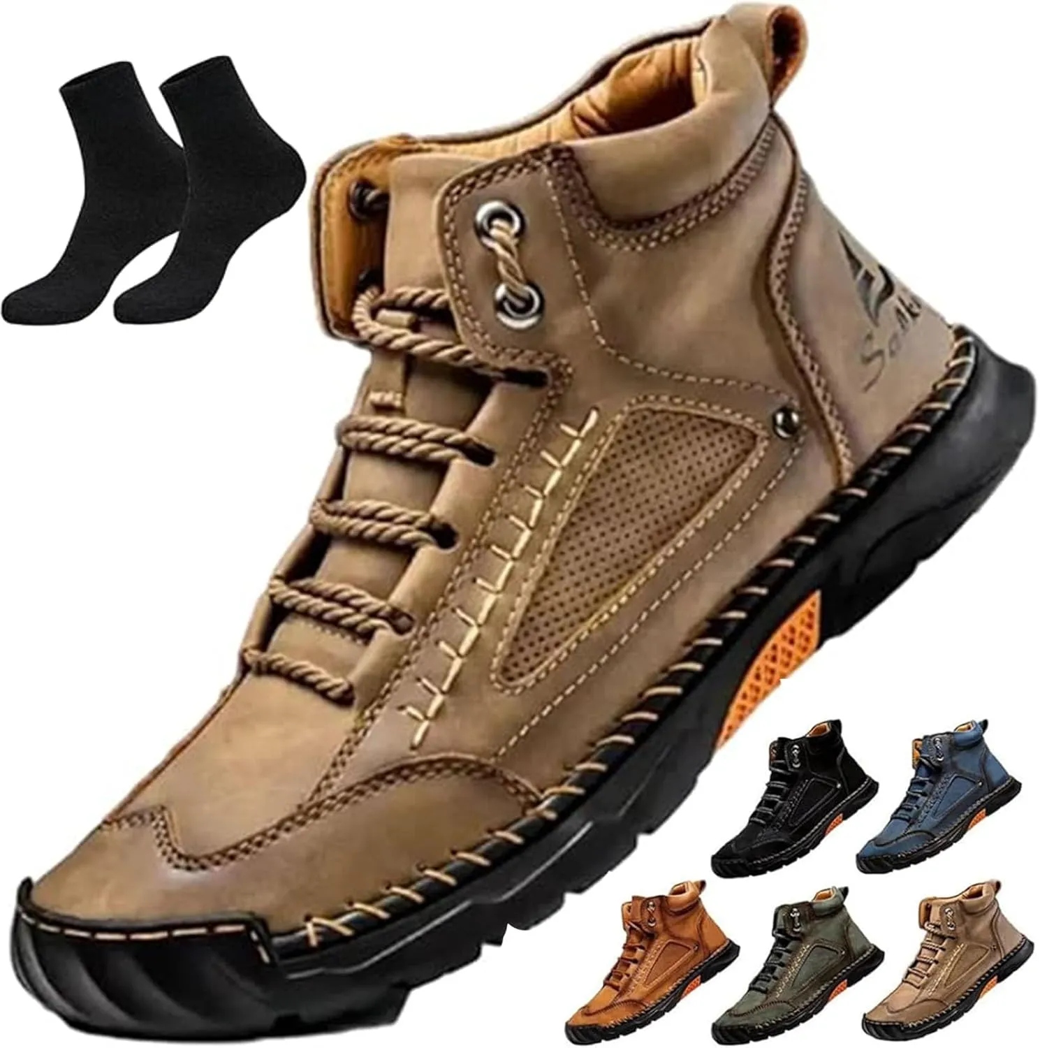 Sawbehind Mens Boots,Sawbehind Leather Shoes, Men's Comfortable Handmade Leather Boots – Waterproof, Outdoor Arch Support Orthopedics Ankle Shoes