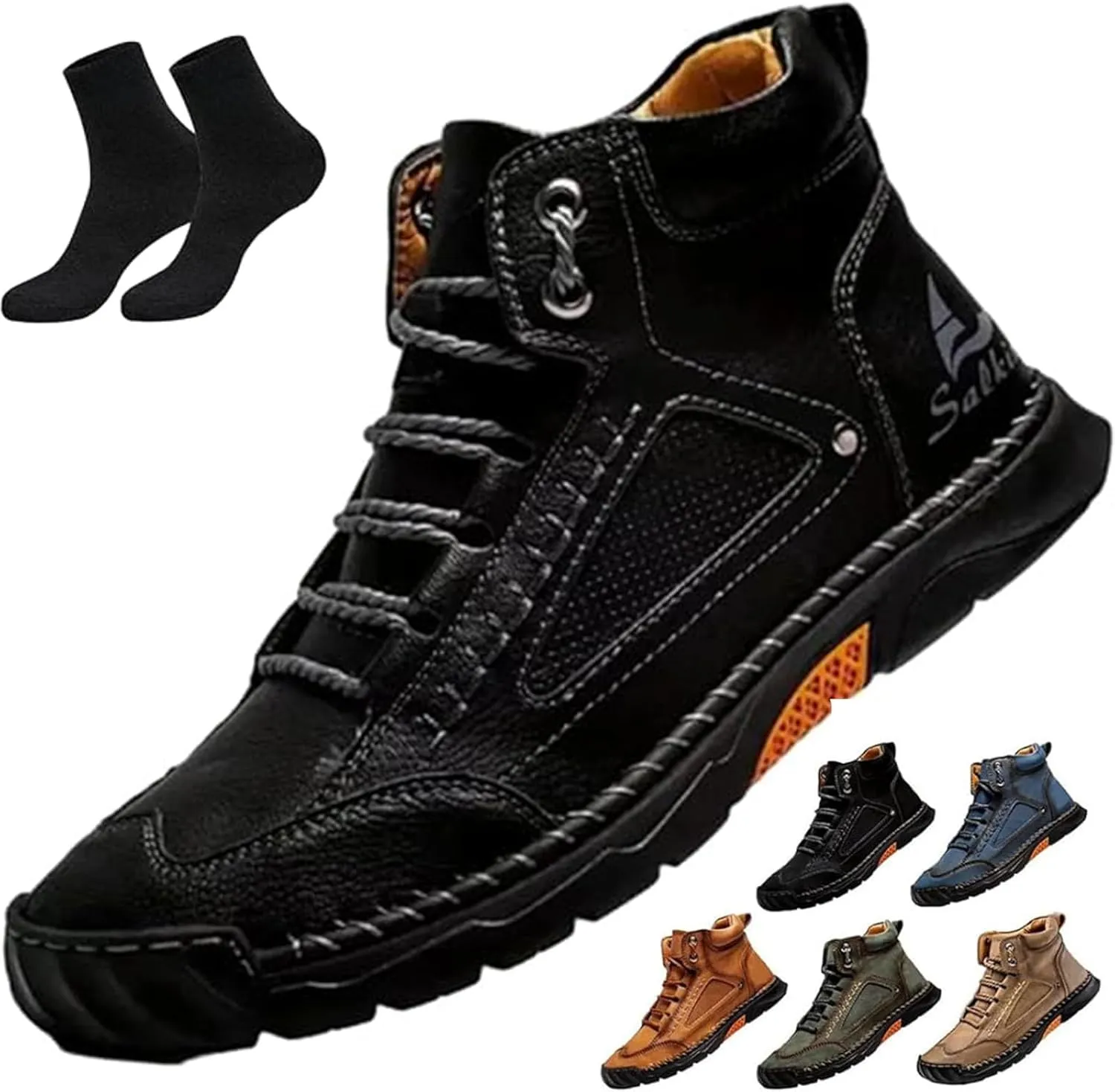 Sawbehind Mens Boots,Sawbehind Leather Shoes, Men's Comfortable Handmade Leather Boots – Waterproof, Outdoor Arch Support Orthopedics Ankle Shoes