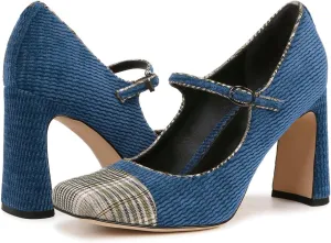 SHODENSE Women Chunky High Heel Mary Jane Pumps Shoes Square Closed Toe Ankle Strap Dress Sandals Two-Toned 3 Inch Block Heels Mary Janes Buckle Cap Toe Office Work Shoes Wedding Party Retro 4-11 M US