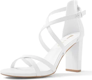 Shoe'N Tale Chunky Block High Strappy Heels for Women Pump Heeled Sandals Open Toe Ankle Strap Buckle Party Wedding Prom Dress Shoes