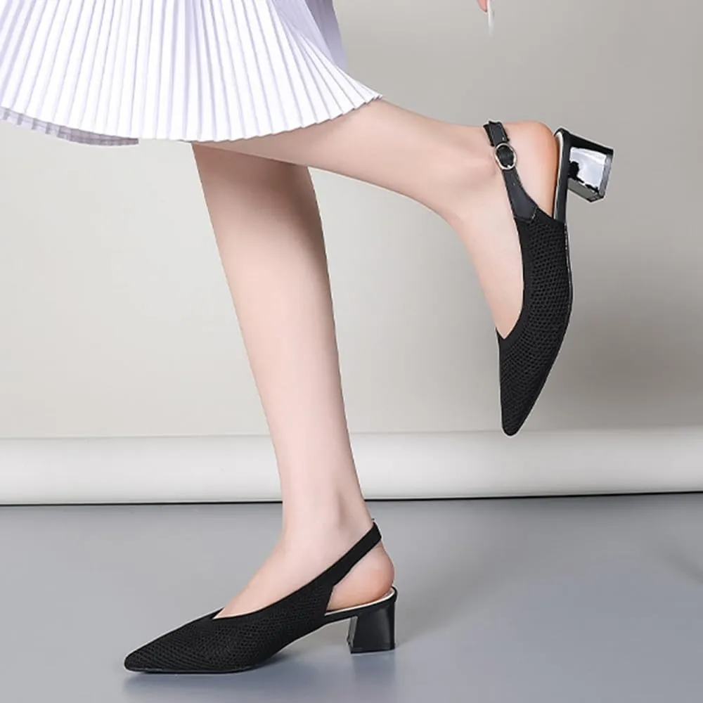 Slingback Heels for Women Closed Pointed Toe Cute Bowknot Knitted Low Chunky Block Heel Pumps with Ankle Strap Summer Work Party Dress Shoes