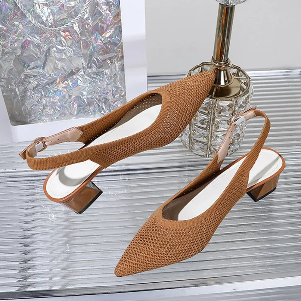 Slingback Heels for Women Closed Pointed Toe Cute Bowknot Knitted Low Chunky Block Heel Pumps with Ankle Strap Summer Work Party Dress Shoes