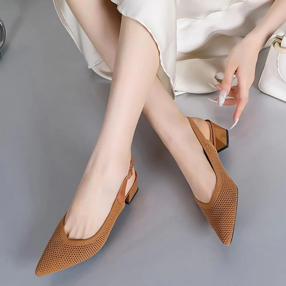 Slingback Heels for Women Closed Pointed Toe Cute Bowknot Knitted Low Chunky Block Heel Pumps with Ankle Strap Summer Work Party Dress Shoes