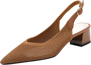 Slingback Heels for Women Closed Pointed Toe Cute Bowknot Knitted Low Chunky Block Heel Pumps with Ankle Strap Summer Work Party Dress Shoes
