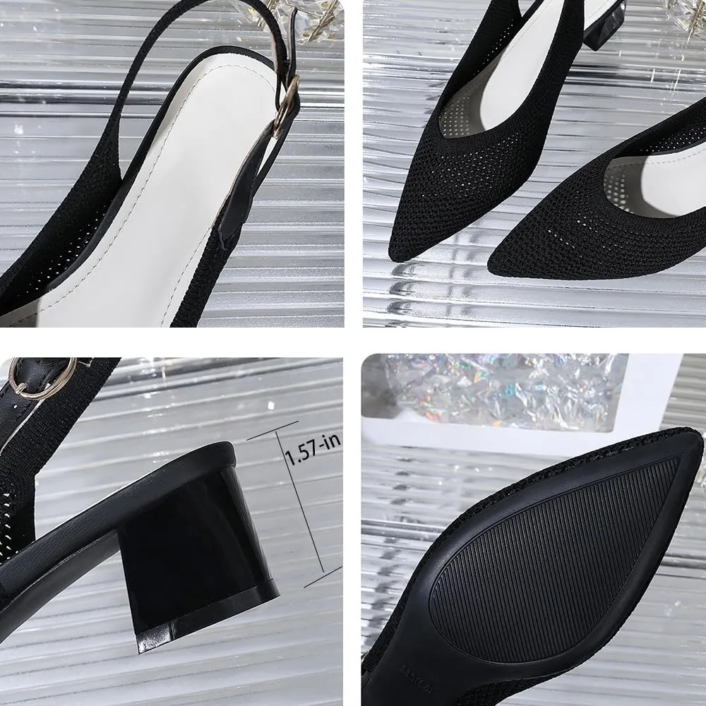 Slingback Heels for Women Closed Pointed Toe Cute Bowknot Knitted Low Chunky Block Heel Pumps with Ankle Strap Summer Work Party Dress Shoes