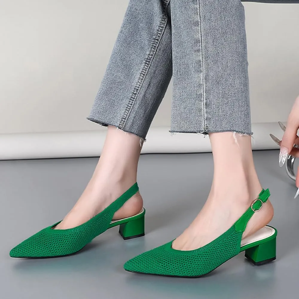 Slingback Heels for Women Closed Pointed Toe Cute Bowknot Knitted Low Chunky Block Heel Pumps with Ankle Strap Summer Work Party Dress Shoes