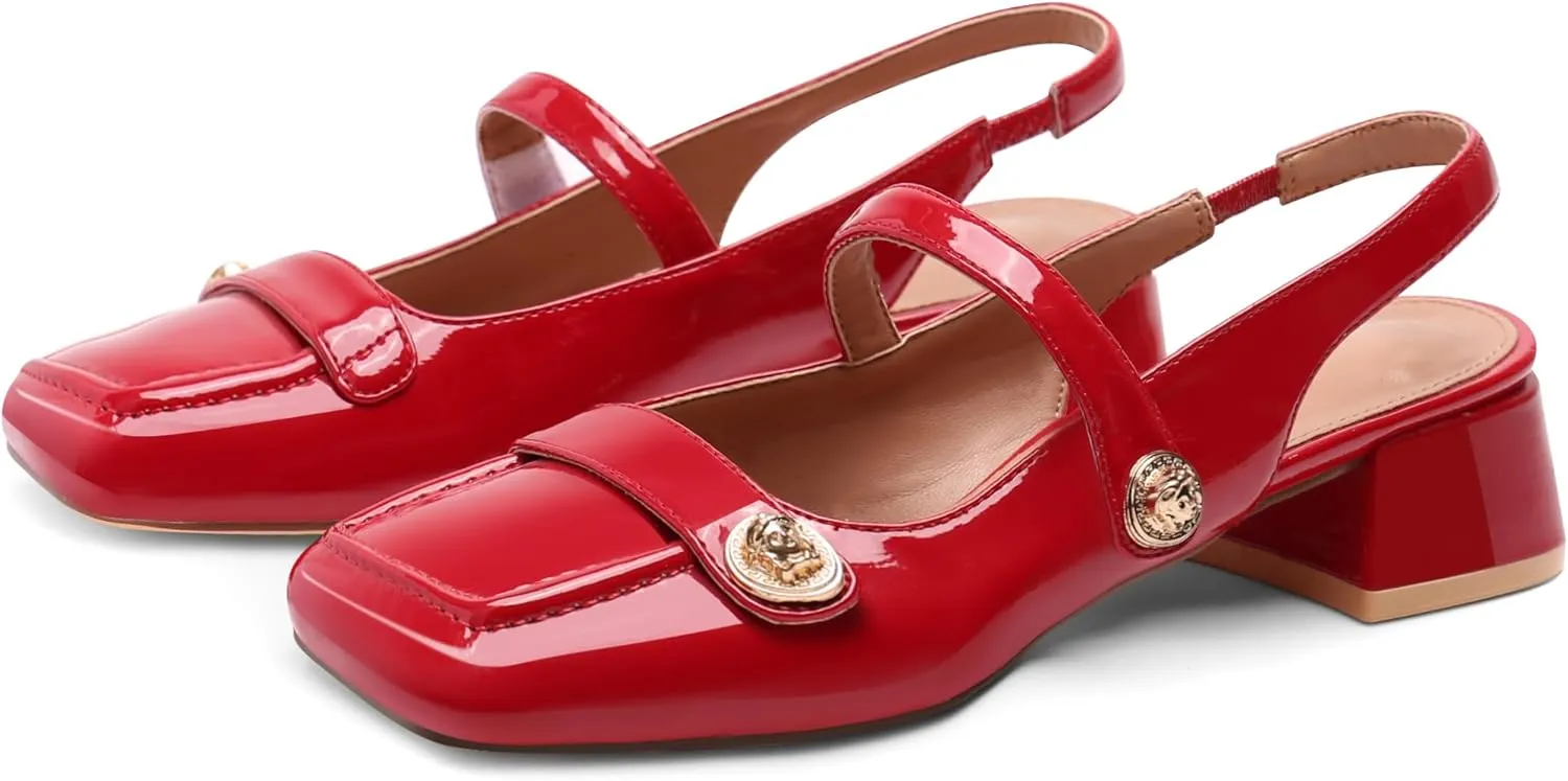 Slingback Mary Jane Heels for Women Low Block Heel Closed Square Toe Pump Shoes Heels Classic Daily Office Dressy Shoes