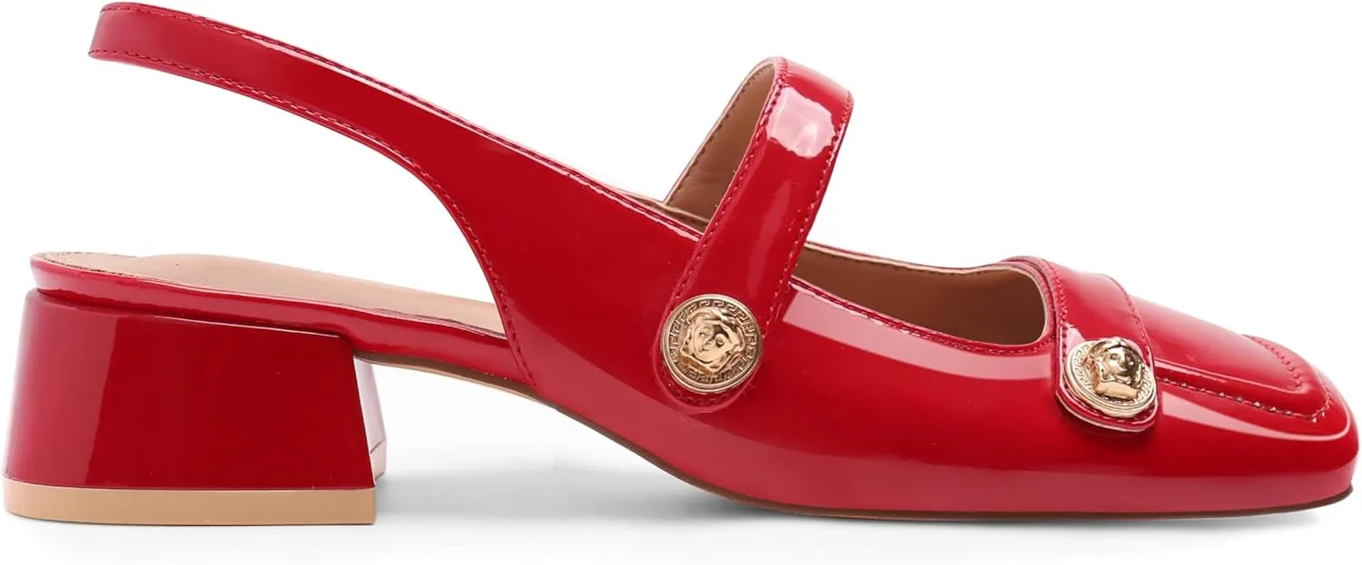 Slingback Mary Jane Heels for Women Low Block Heel Closed Square Toe Pump Shoes Heels Classic Daily Office Dressy Shoes
