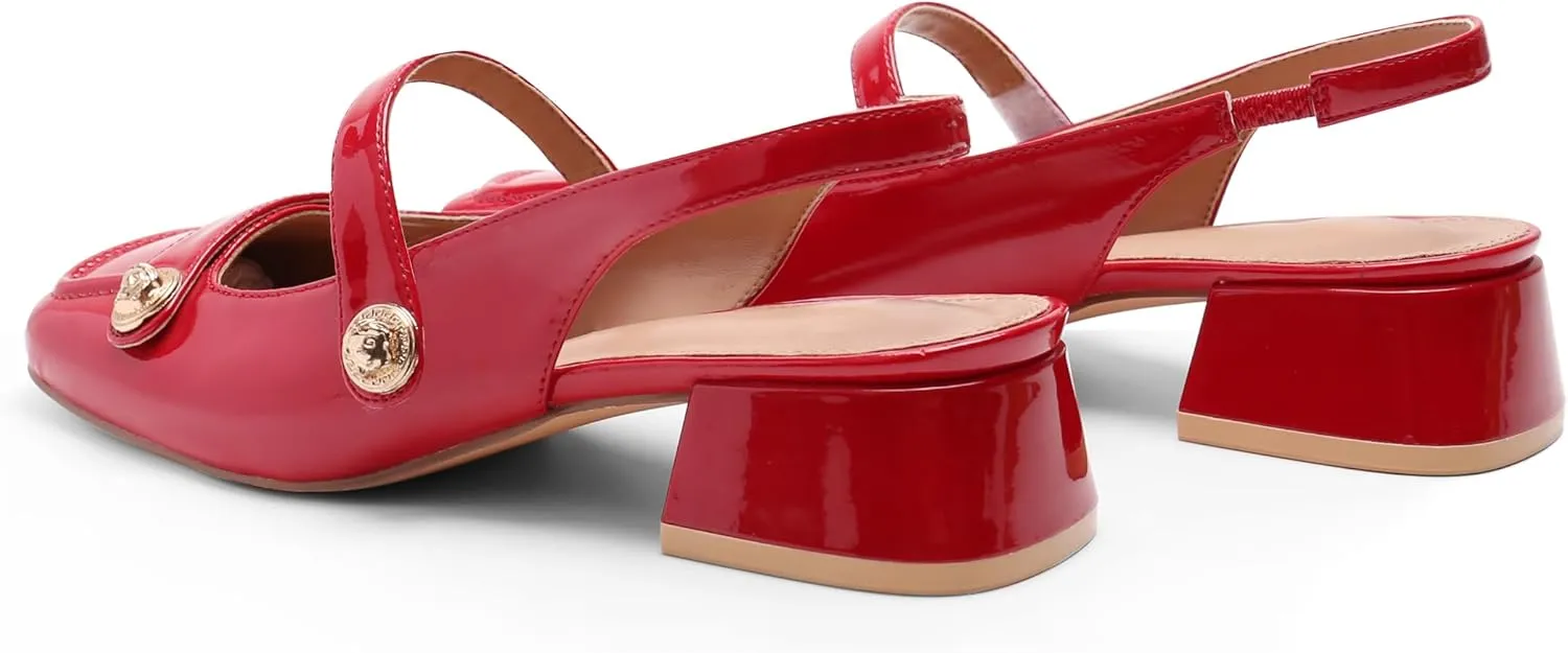 Slingback Mary Jane Heels for Women Low Block Heel Closed Square Toe Pump Shoes Heels Classic Daily Office Dressy Shoes