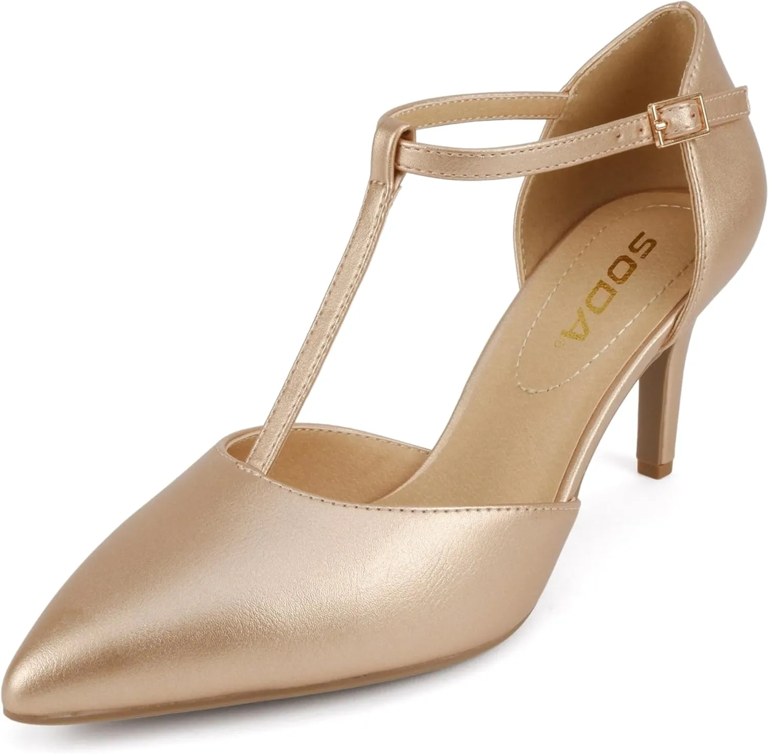 Soda Bahia ~ Women Pointed Toe Closed Back Counter Stiletto Mid Heel T-Strap Pump Shoe