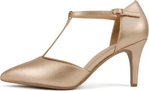 Soda Bahia ~ Women Pointed Toe Closed Back Counter Stiletto Mid Heel T-Strap Pump Shoe