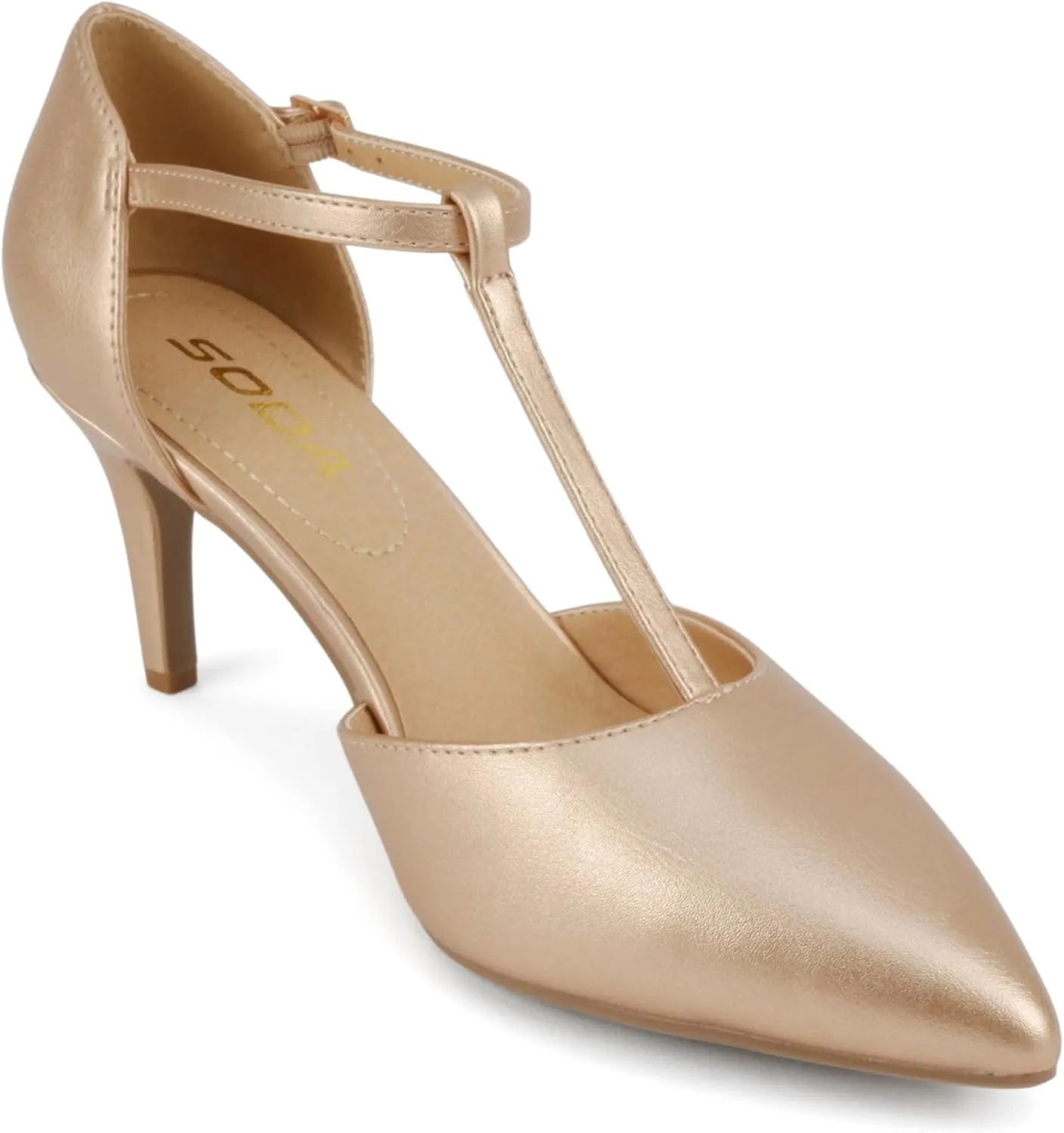 Soda Bahia ~ Women Pointed Toe Closed Back Counter Stiletto Mid Heel T-Strap Pump Shoe