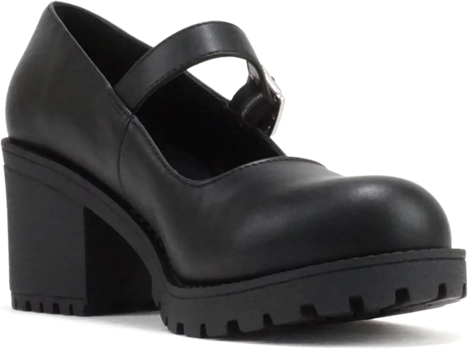 Soda “Eviana” ~ Women Mary Jane Round Toe Mid Chunky Block Heel Lug Sole Pump with Adjustable Strap