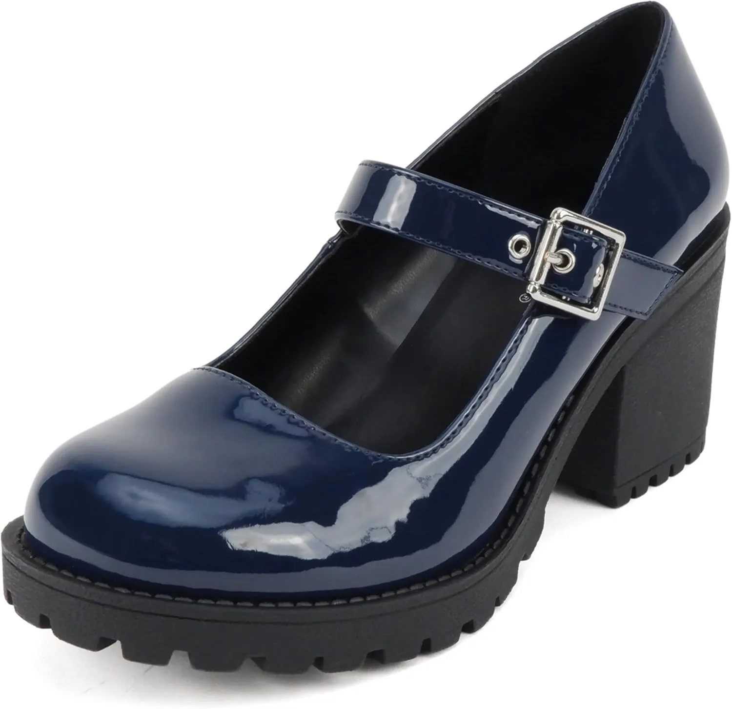 Soda “Eviana” ~ Women Mary Jane Round Toe Mid Chunky Block Heel Lug Sole Pump with Adjustable Strap