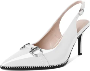 Soireelady Women Beaded Pumps High Heel Slingback Pointed Toe Slip On Stilettos Ankle Strap Adjustable Buckle 3.5 Inch Dress Shoes Patent Leather