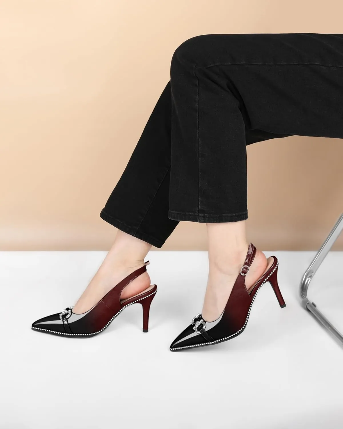 Soireelady Women Beaded Pumps High Heel Slingback Pointed Toe Slip On Stilettos Ankle Strap Adjustable Buckle 3.5 Inch Dress Shoes Patent Leather