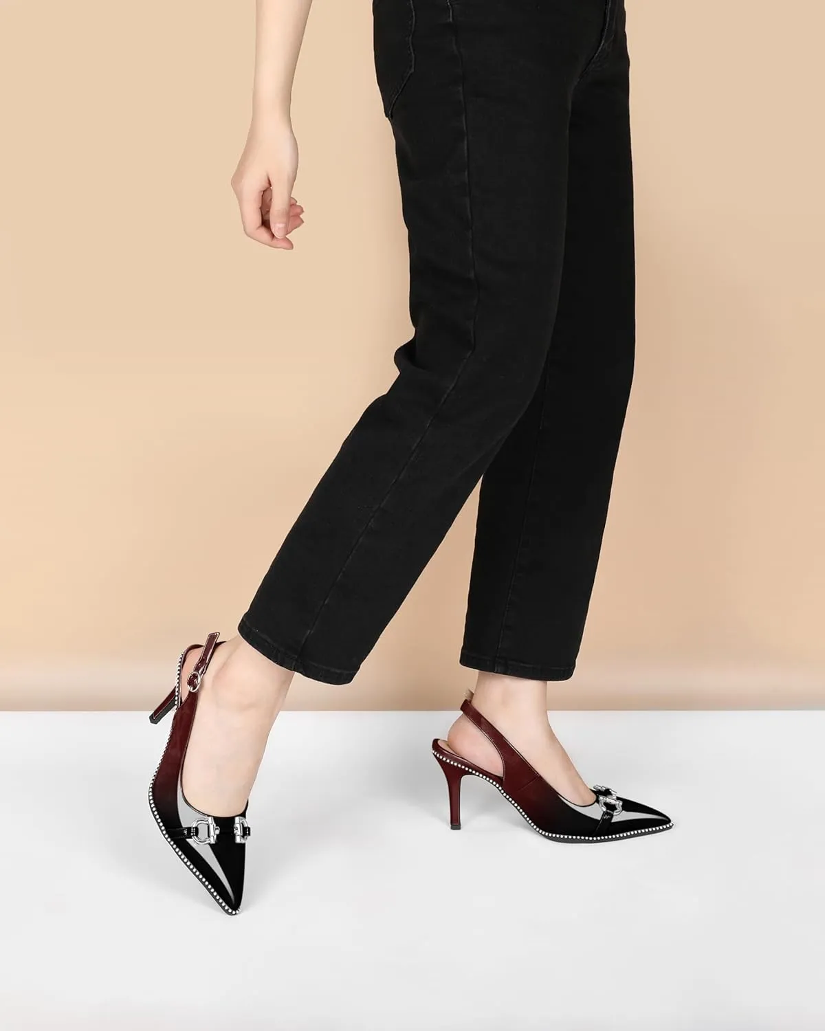 Soireelady Women Beaded Pumps High Heel Slingback Pointed Toe Slip On Stilettos Ankle Strap Adjustable Buckle 3.5 Inch Dress Shoes Patent Leather