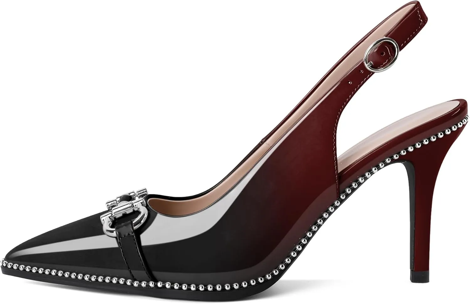 Soireelady Women Beaded Pumps High Heel Slingback Pointed Toe Slip On Stilettos Ankle Strap Adjustable Buckle 3.5 Inch Dress Shoes Patent Leather