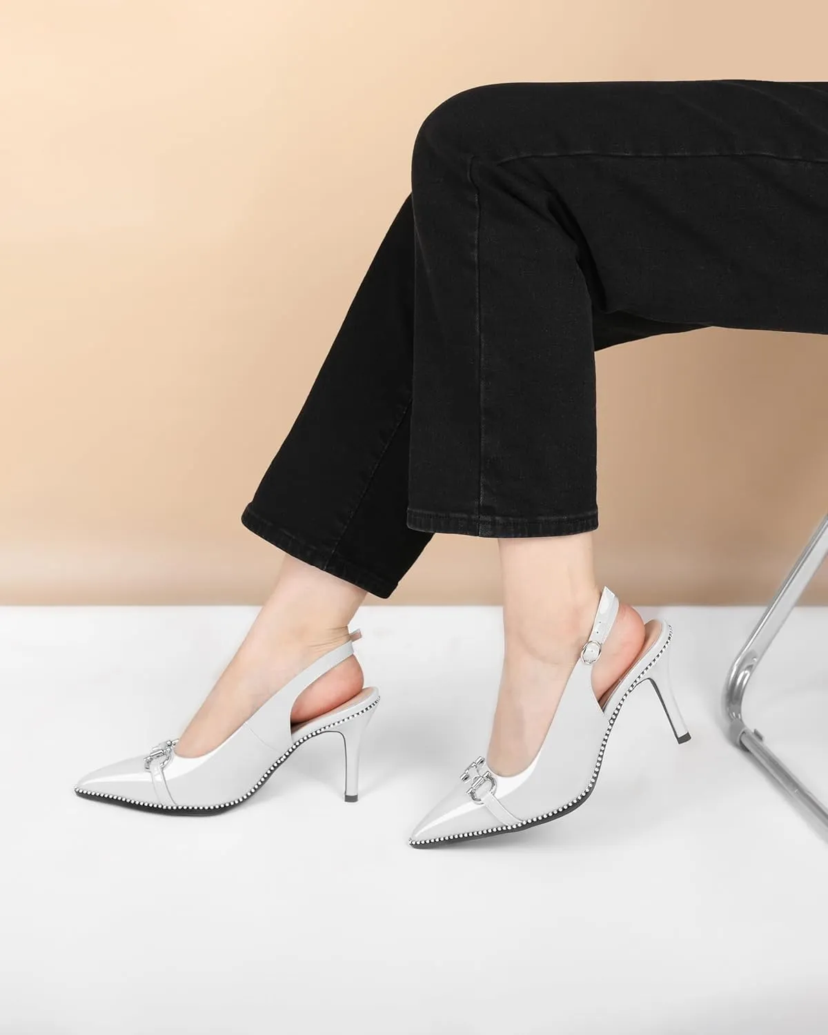 Soireelady Women Beaded Pumps High Heel Slingback Pointed Toe Slip On Stilettos Ankle Strap Adjustable Buckle 3.5 Inch Dress Shoes Patent Leather