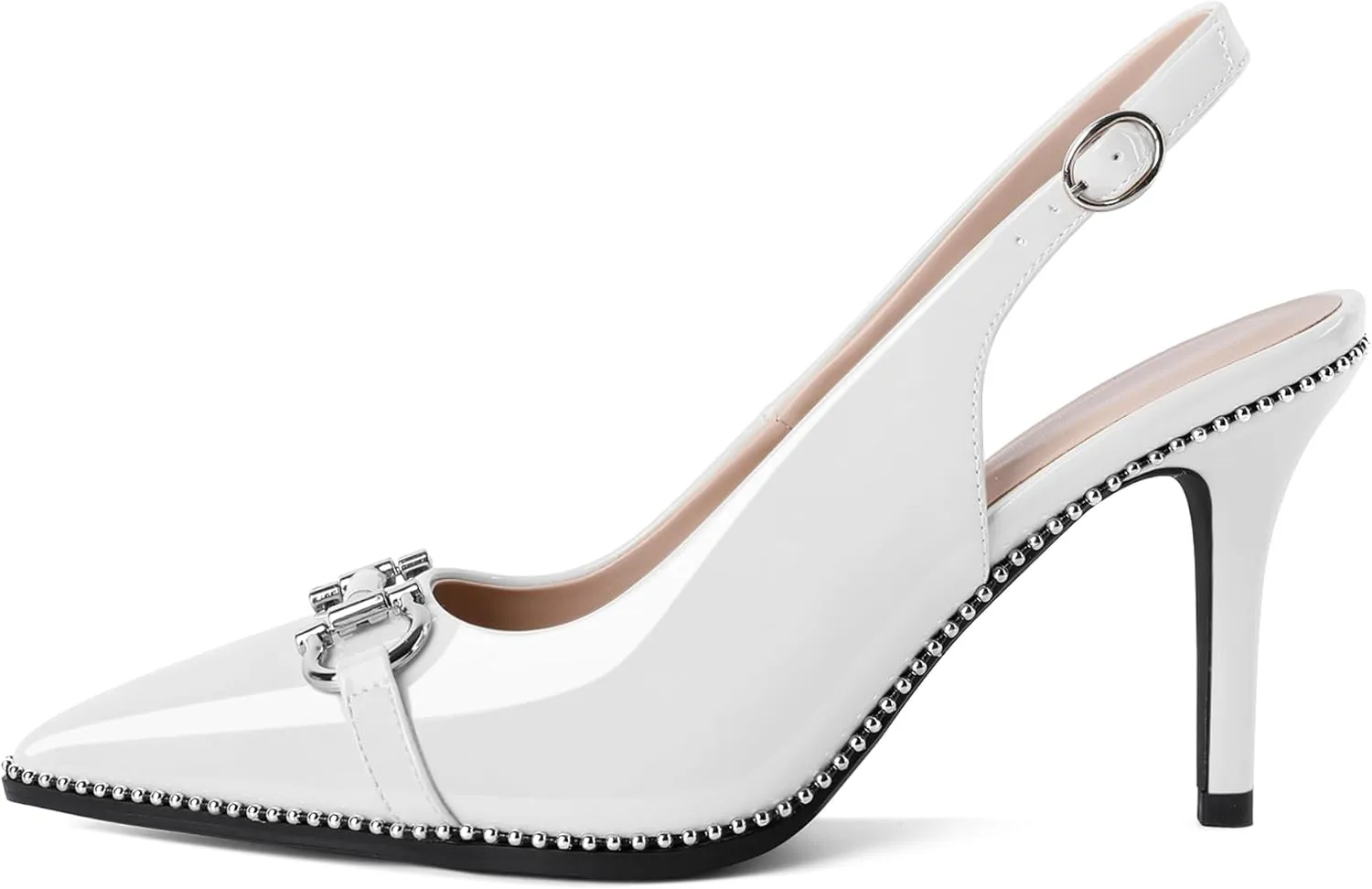 Soireelady Women Beaded Pumps High Heel Slingback Pointed Toe Slip On Stilettos Ankle Strap Adjustable Buckle 3.5 Inch Dress Shoes Patent Leather