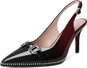 Soireelady Women Beaded Pumps High Heel Slingback Pointed Toe Slip On Stilettos Ankle Strap Adjustable Buckle 3.5 Inch Dress Shoes Patent Leather