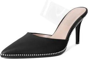 Soireelady Womens Heeled Mules Beaded Sandals Stiletto High Heel Pointed Closed Toe Slip On Clear Ankle Strap Heels Fashion Dress Shoes 3.5 Inches