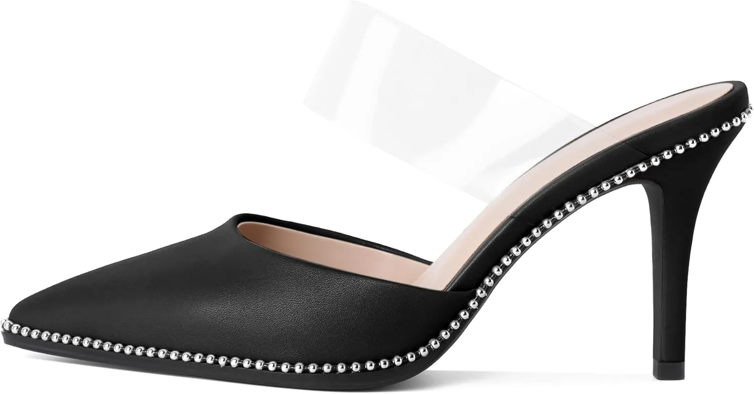 Soireelady Womens Heeled Mules Beaded Sandals Stiletto High Heel Pointed Closed Toe Slip On Clear Ankle Strap Heels Fashion Dress Shoes 3.5 Inches