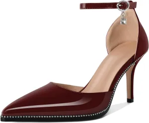 Soireelady Womens High Heels Beaded Pumps Stiletto Ankle Strap Pointed Toe D'Orsay Heel Dress Shoes Patent Leather 3.5 Inch