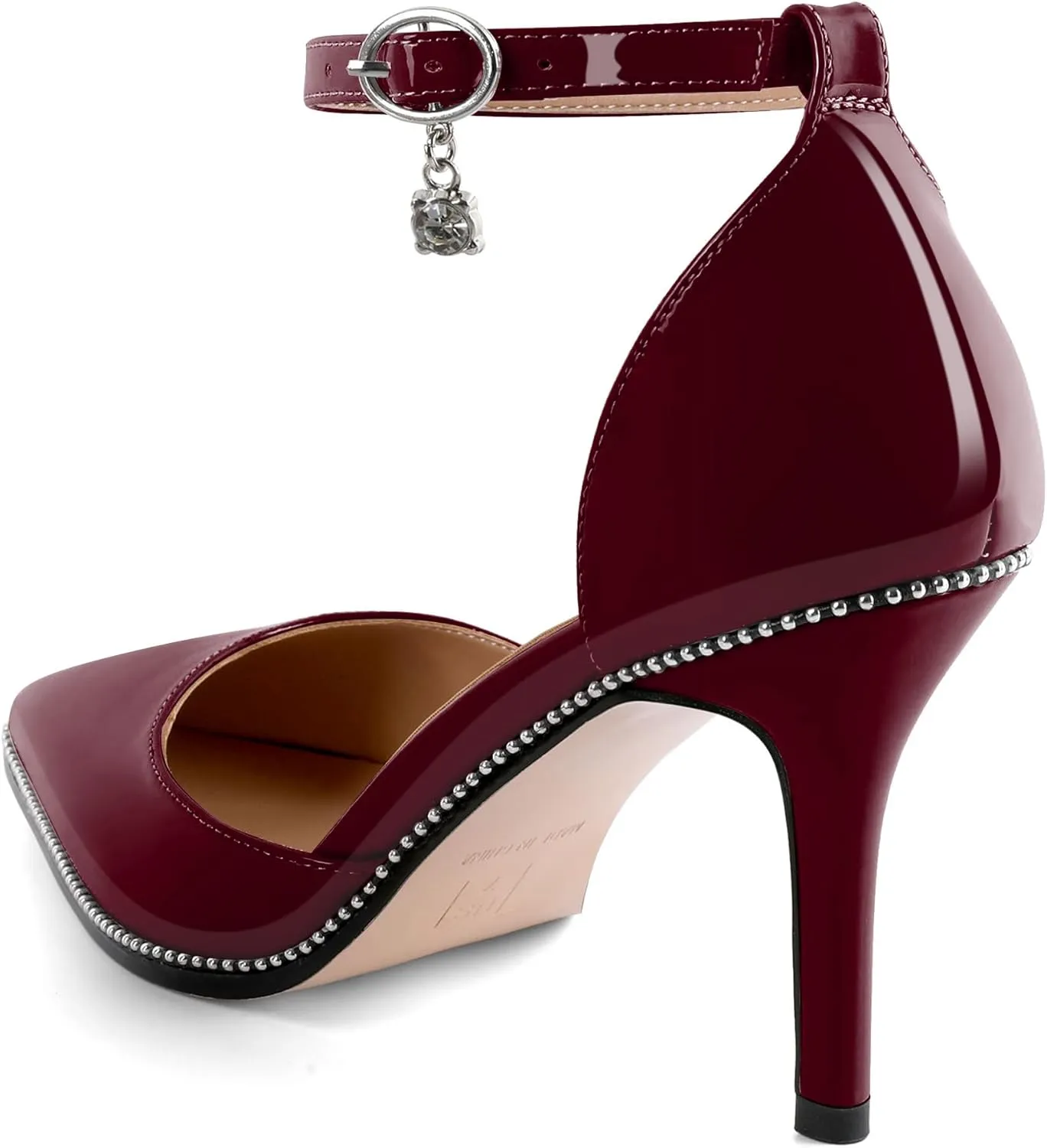 Soireelady Womens High Heels Beaded Pumps Stiletto Ankle Strap Pointed Toe D'Orsay Heel Dress Shoes Patent Leather 3.5 Inch