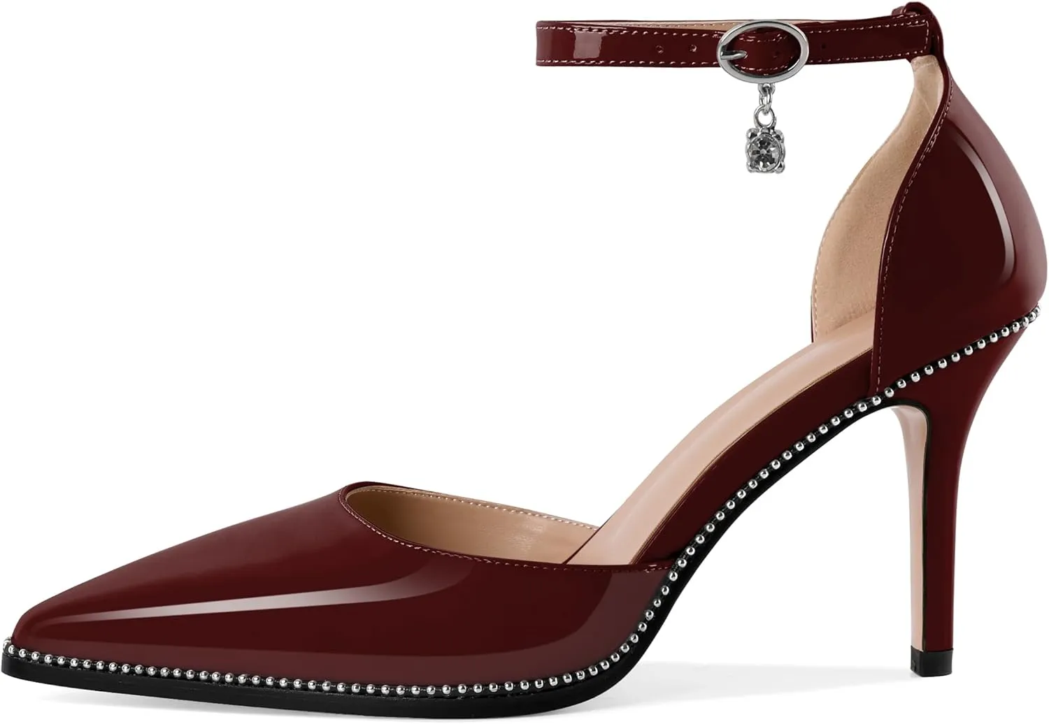 Soireelady Womens High Heels Beaded Pumps Stiletto Ankle Strap Pointed Toe D'Orsay Heel Dress Shoes Patent Leather 3.5 Inch