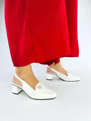 Spunkz White Mid Block Heel Closed Square Toe Slingback Pumps Shoes 12002