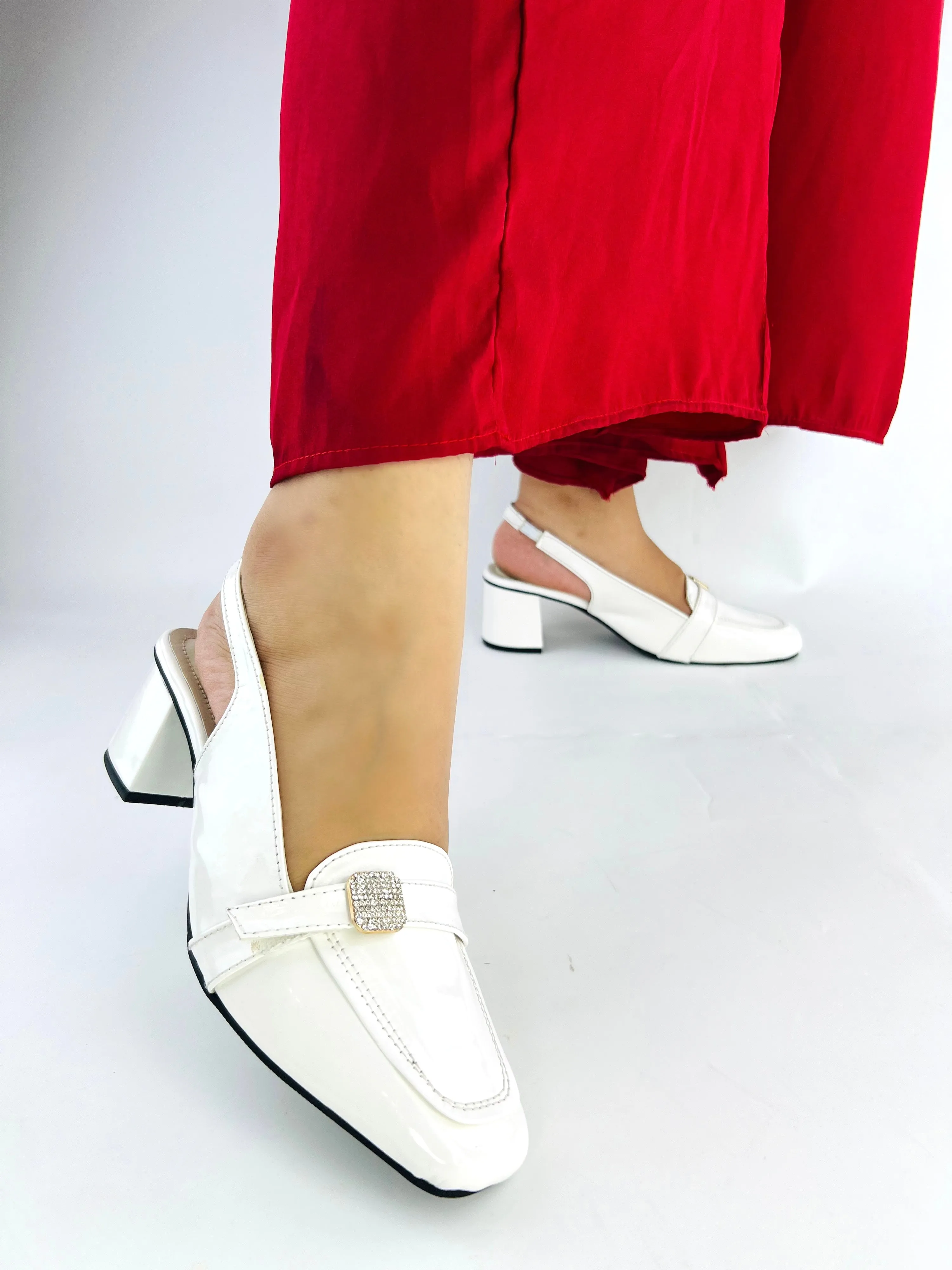 Spunkz White Mid Block Heel Closed Square Toe Slingback Pumps Shoes 12002