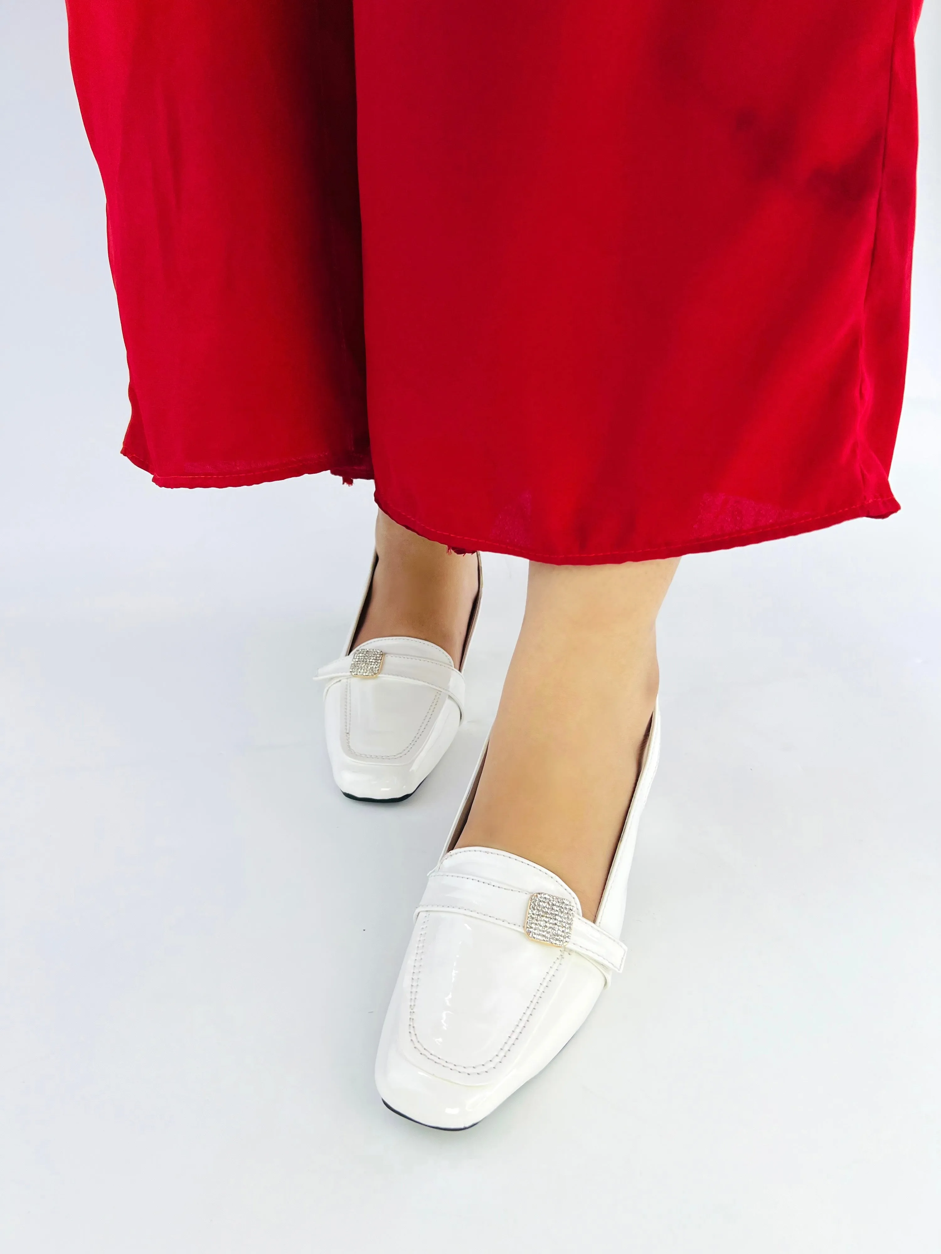Spunkz White Mid Block Heel Closed Square Toe Slingback Pumps Shoes 12002