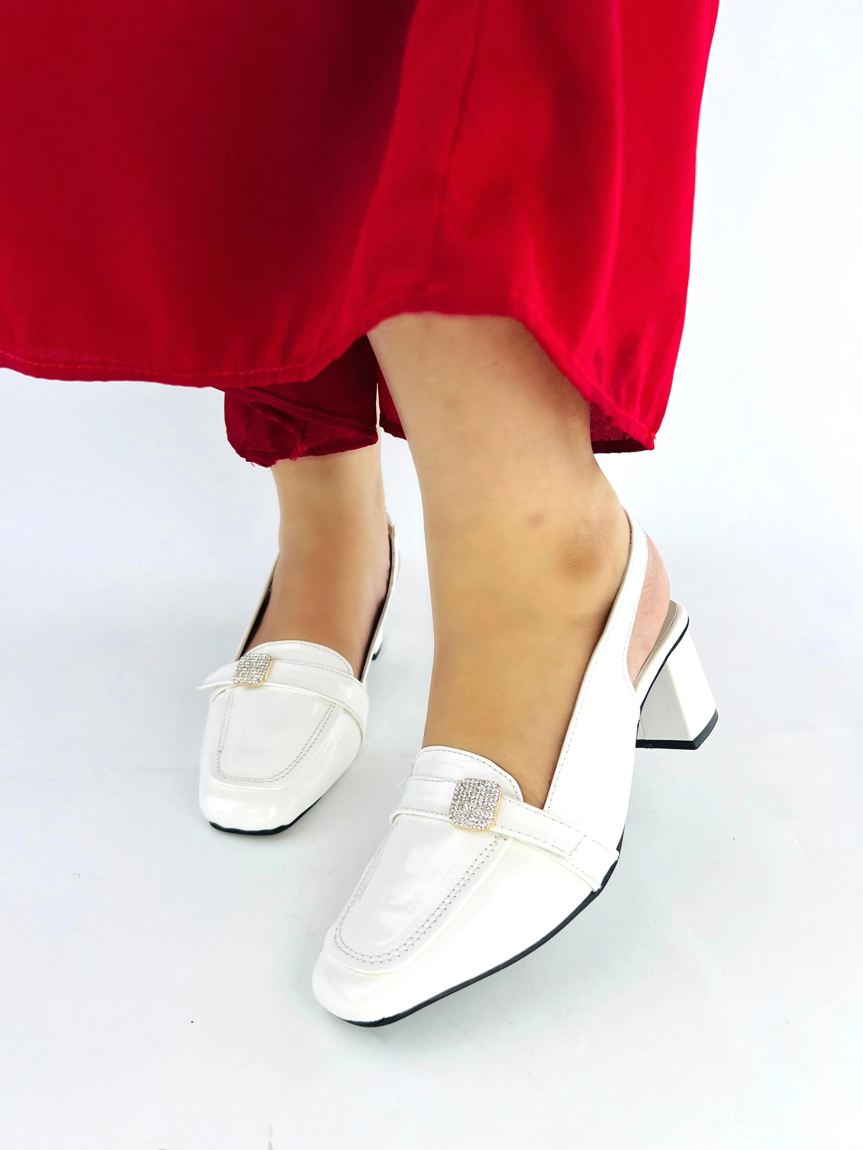 Spunkz White Mid Block Heel Closed Square Toe Slingback Pumps Shoes 12002