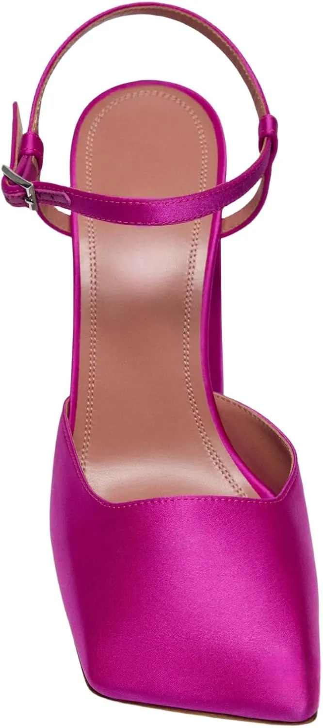 Square Closed Toe Satin Pumps Shoes for Women,Chunky High Heel Adjustable Buckle Block with Ankle Strap Heel Sandals Slip On Mary Janes Pumps Fashion Dress Office Evening Party Bride Wedding Shoes