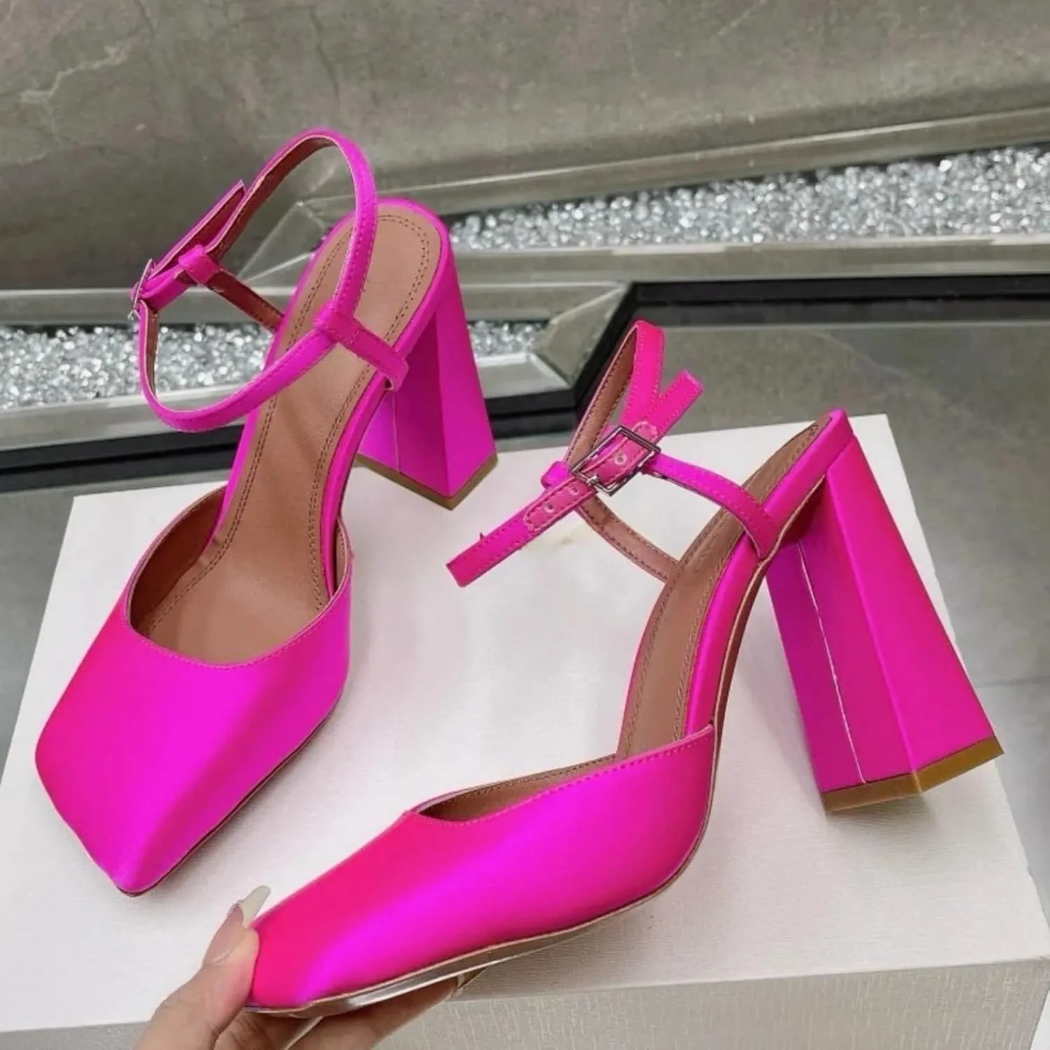 Square Closed Toe Satin Pumps Shoes for Women,Chunky High Heel Adjustable Buckle Block with Ankle Strap Heel Sandals Slip On Mary Janes Pumps Fashion Dress Office Evening Party Bride Wedding Shoes