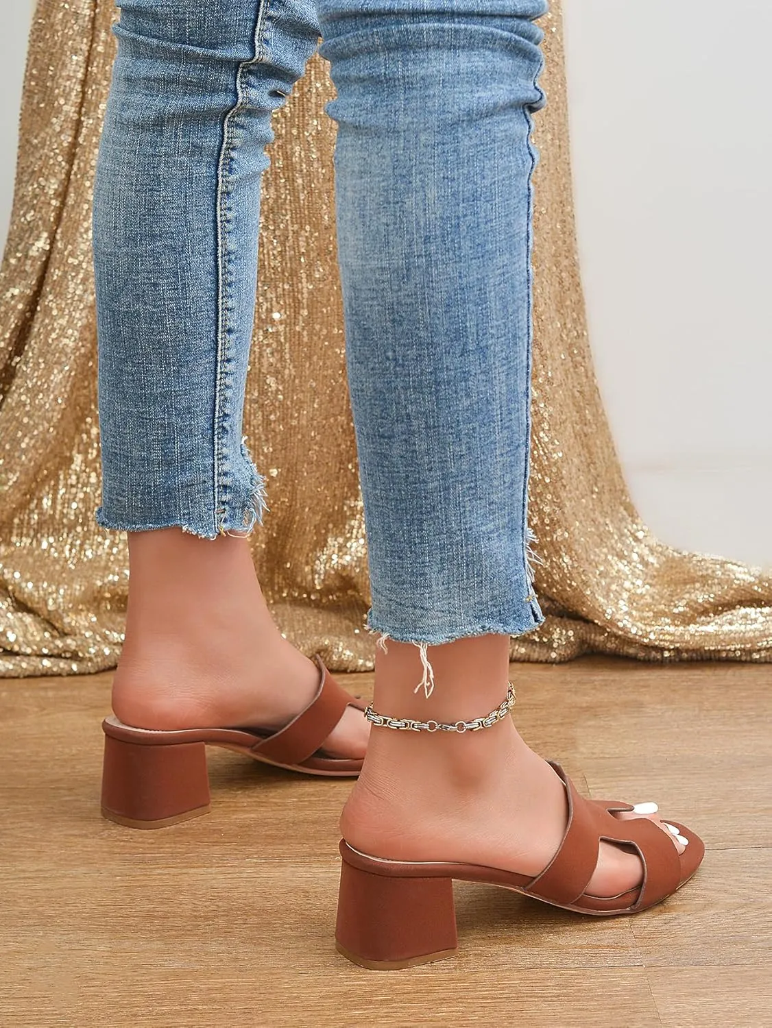Square Open Toe Strappy Heels Sandals Low Block Chunky Heeled Sandals Slip On Slide Mules Sandals Comfortable Casual Black White Tan Dress Sandals for Women
