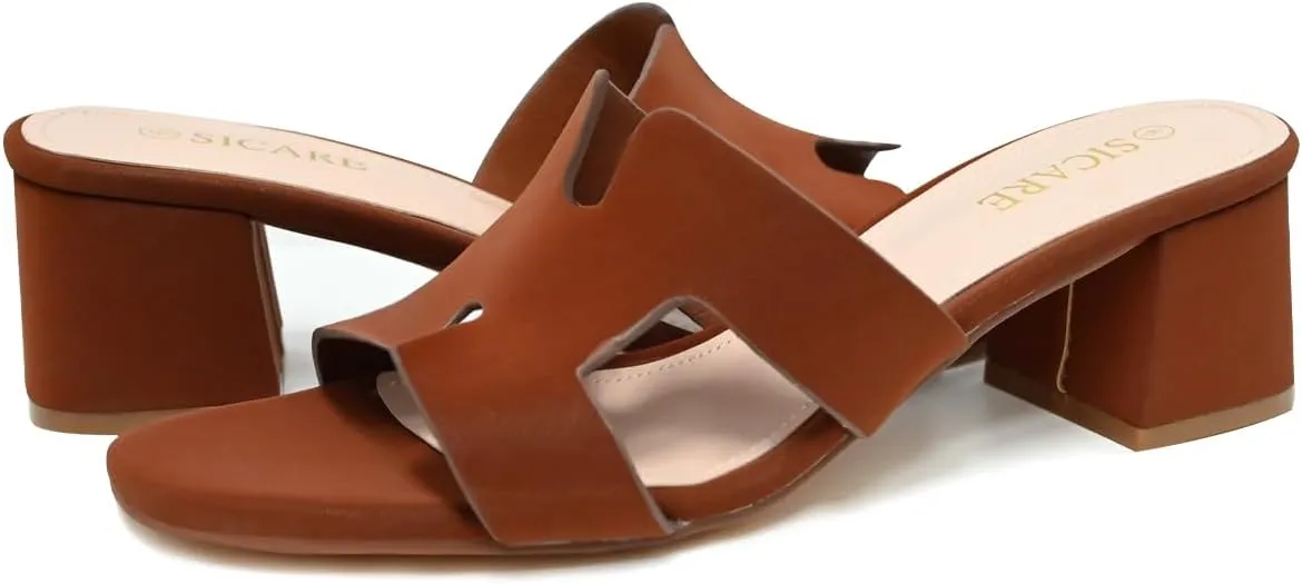 Square Open Toe Strappy Heels Sandals Low Block Chunky Heeled Sandals Slip On Slide Mules Sandals Comfortable Casual Black White Tan Dress Sandals for Women