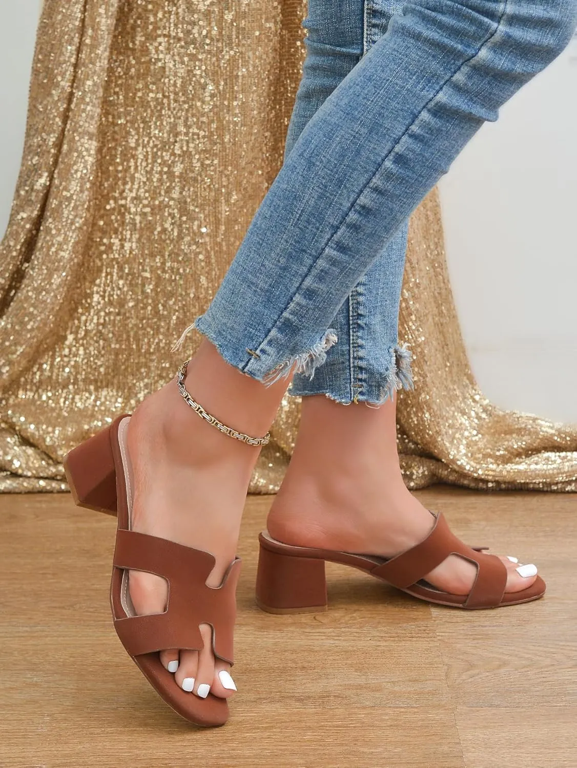 Square Open Toe Strappy Heels Sandals Low Block Chunky Heeled Sandals Slip On Slide Mules Sandals Comfortable Casual Black White Tan Dress Sandals for Women