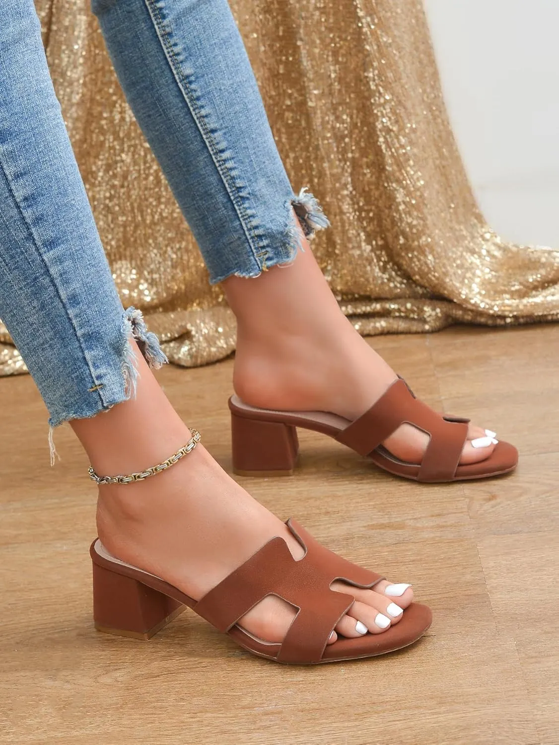 Square Open Toe Strappy Heels Sandals Low Block Chunky Heeled Sandals Slip On Slide Mules Sandals Comfortable Casual Black White Tan Dress Sandals for Women