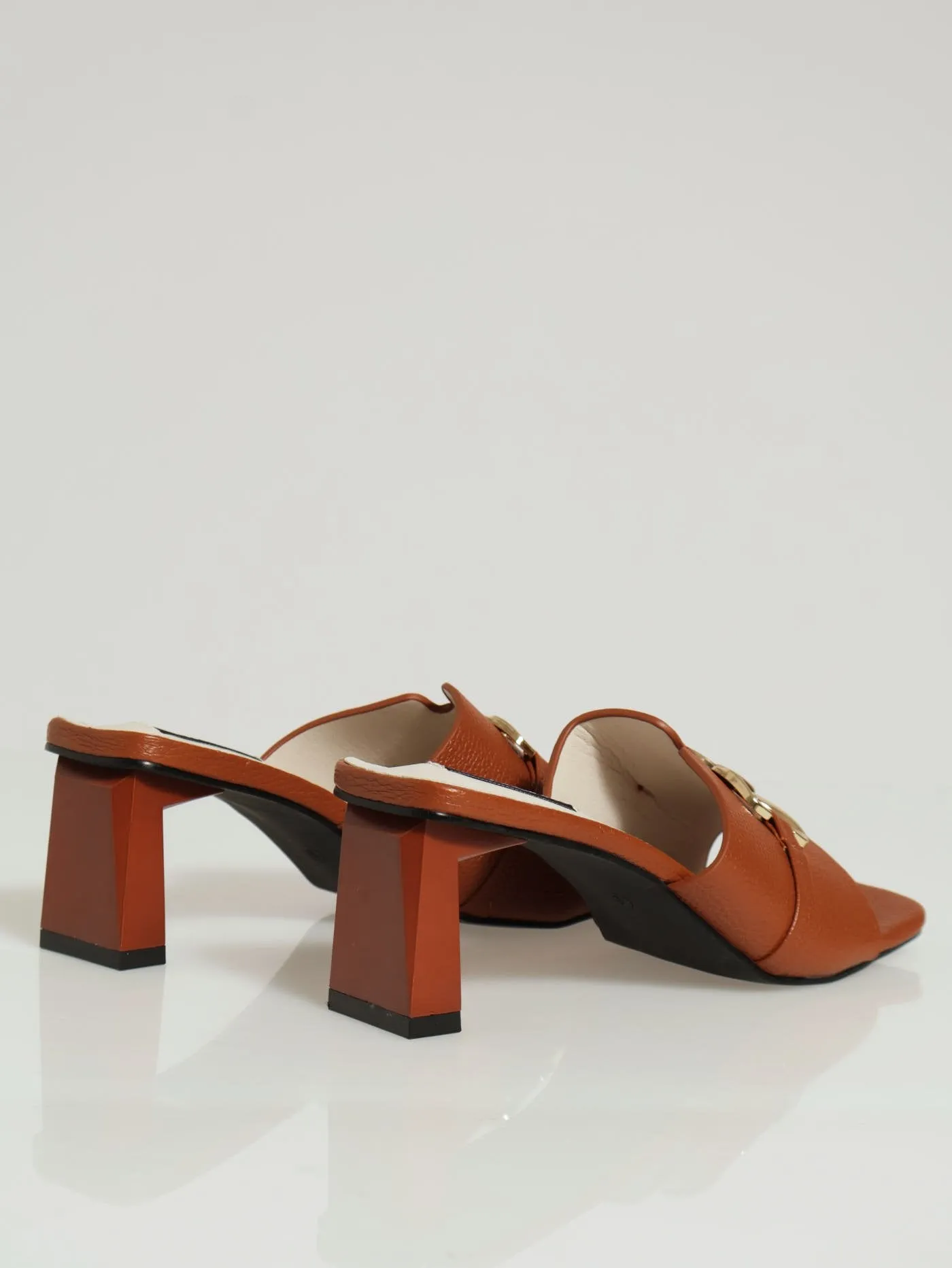 Square Toe Mule Heel With Big Gold Trim - Tan