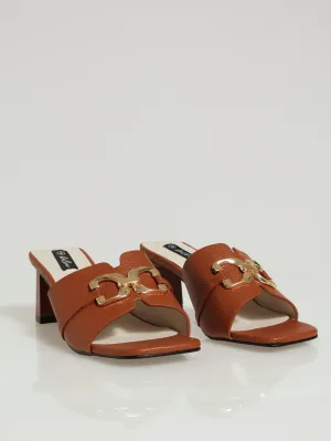 Square Toe Mule Heel With Big Gold Trim - Tan