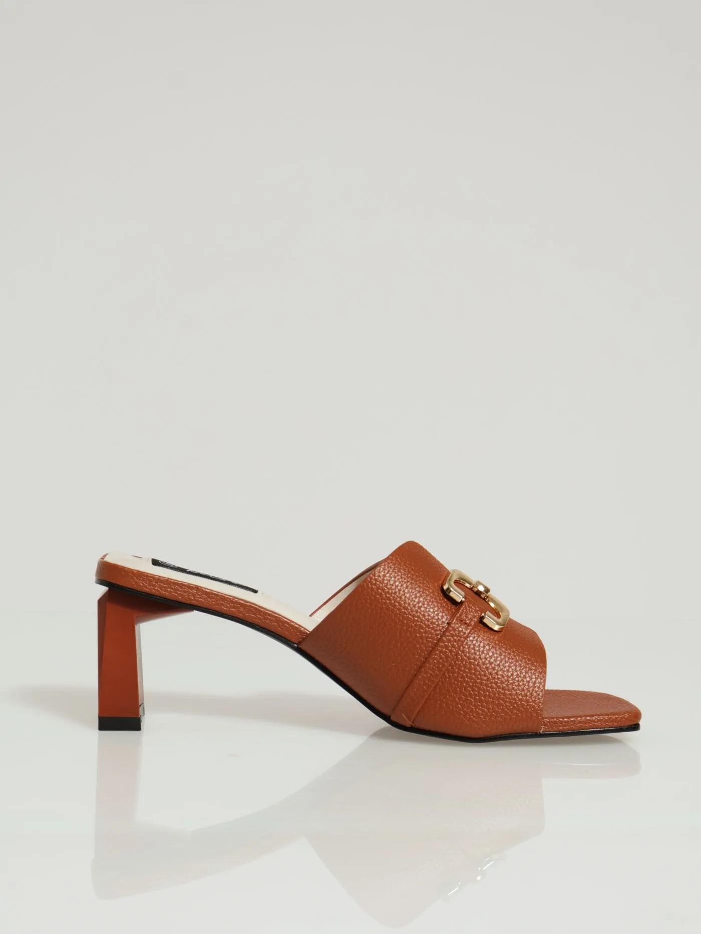Square Toe Mule Heel With Big Gold Trim - Tan