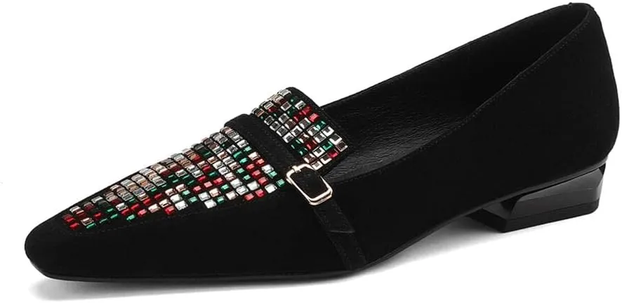 TinaCus Handmade Women's Genuine Leather Colorful Rhinestones Slip On Square Toe Flats Loafer Shoes