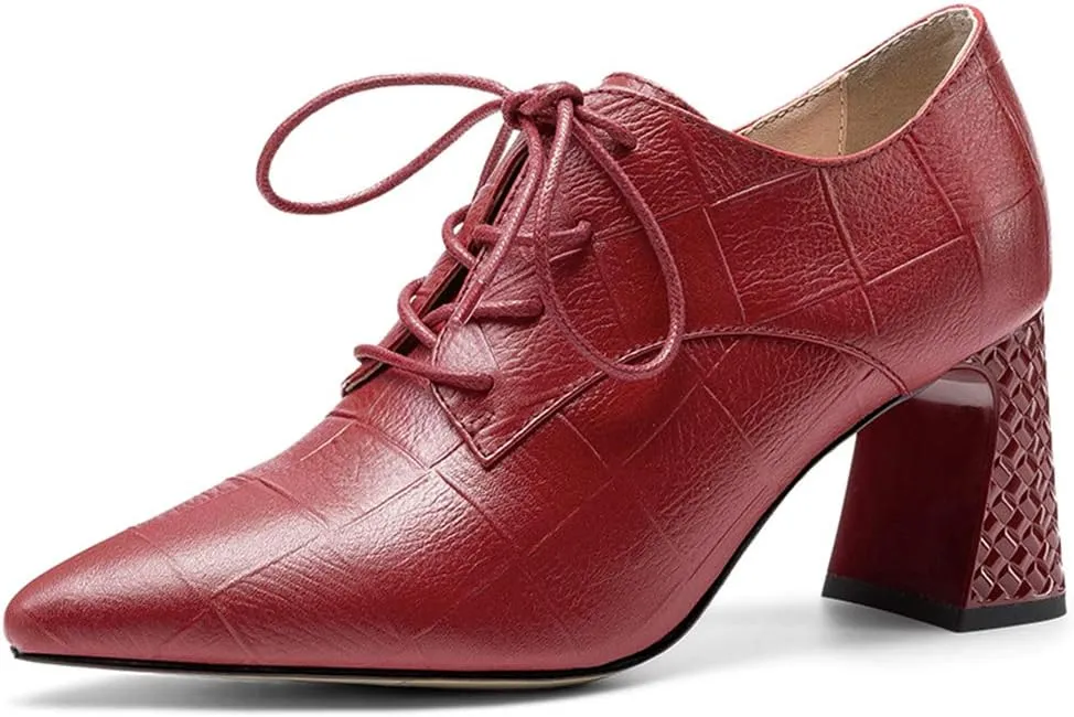 TinaCus Women's Genuine Leather Handmade Pointed Toe Mid Chunky Heel Lace Up Modern Pump Shoes with Side Zip