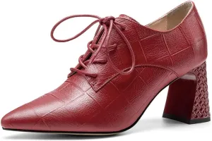 TinaCus Women's Genuine Leather Handmade Pointed Toe Mid Chunky Heel Lace Up Modern Pump Shoes with Side Zip