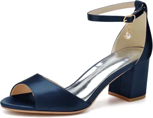 TNXZ 6Cm Women Satin Peep Toe Block Heel Sandals Bridal Wedding Shoes for Bride Ankle Strap Buckle Bridesmaid Shoes
